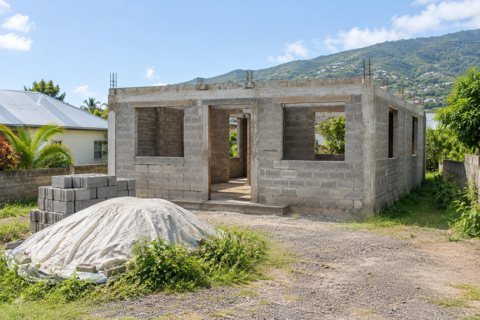 Chantier de maison individuelle à l’arrêt, avec murs bruts et matériaux entreposés