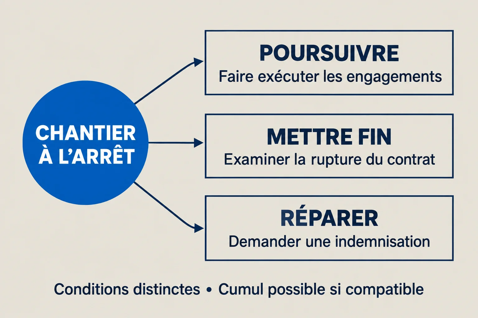 Schéma des demandes possibles après un arrêt de chantier : poursuivre le contrat, y mettre fin ou demander réparation, chacune sous ses conditions.