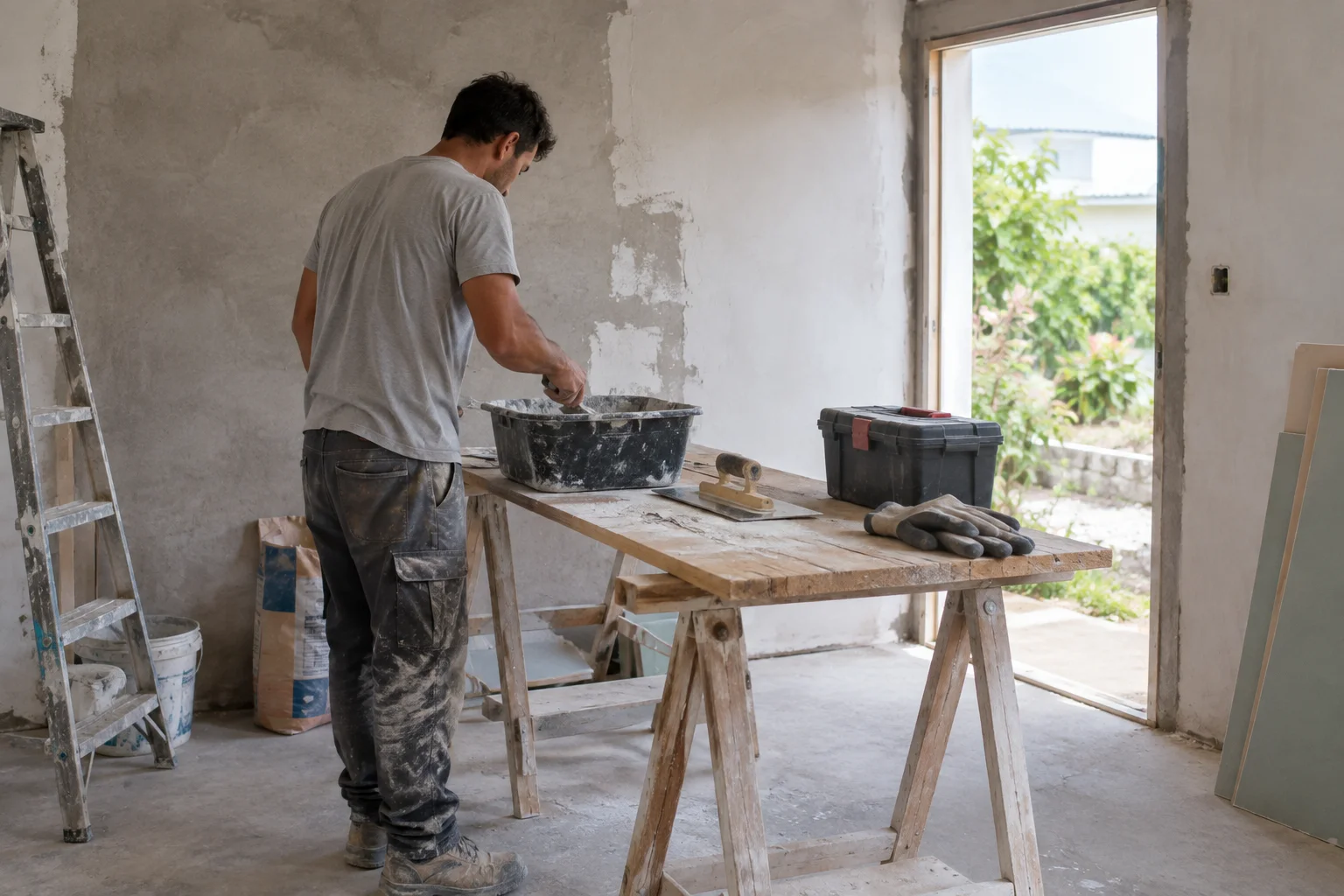 Un artisan prépare ses outils pour des travaux de rénovation dans une maison