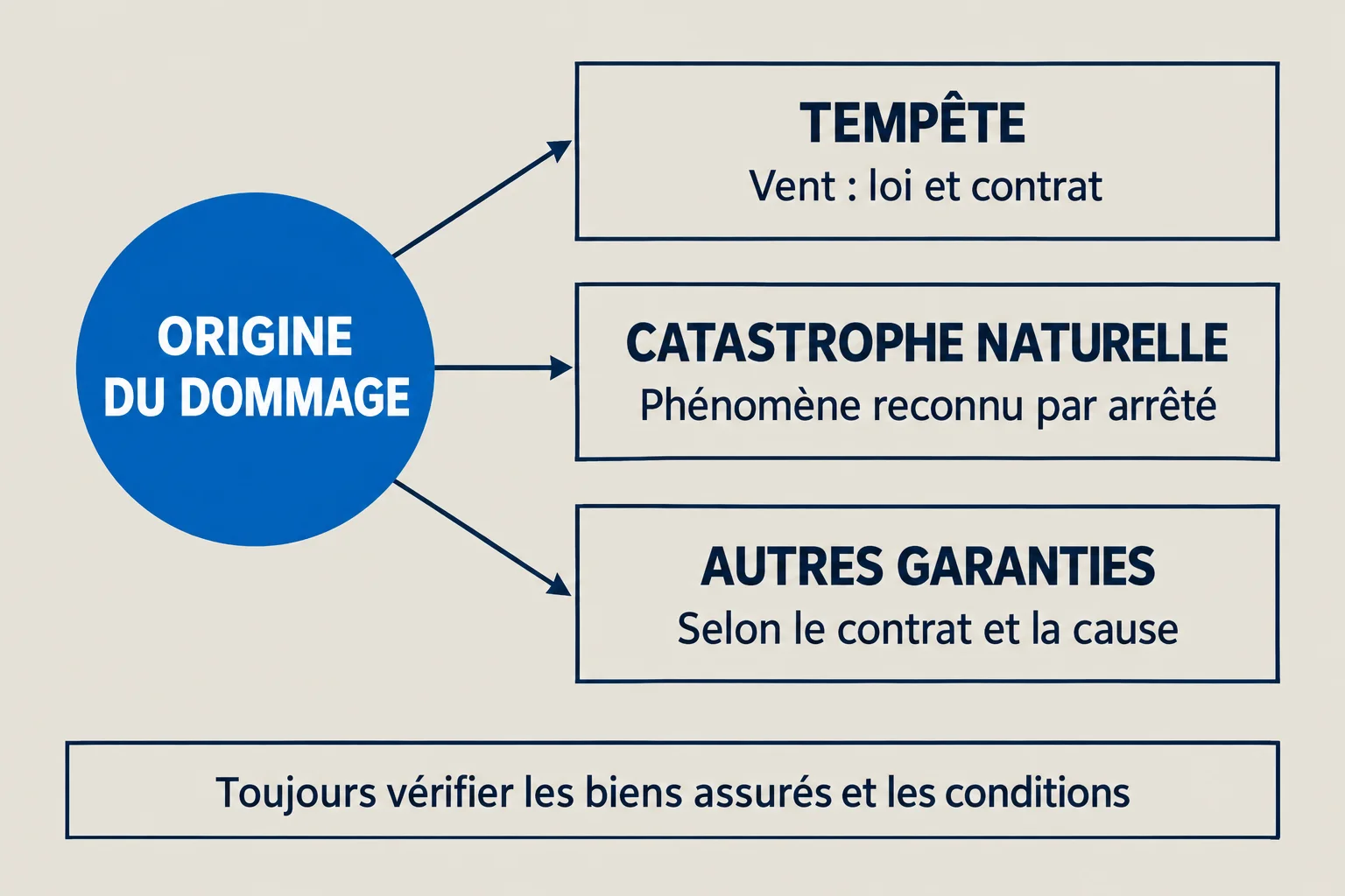 Schéma des garanties à examiner après un cyclone selon l’origine du dommage : tempête, catastrophe naturelle et autres garanties du contrat.