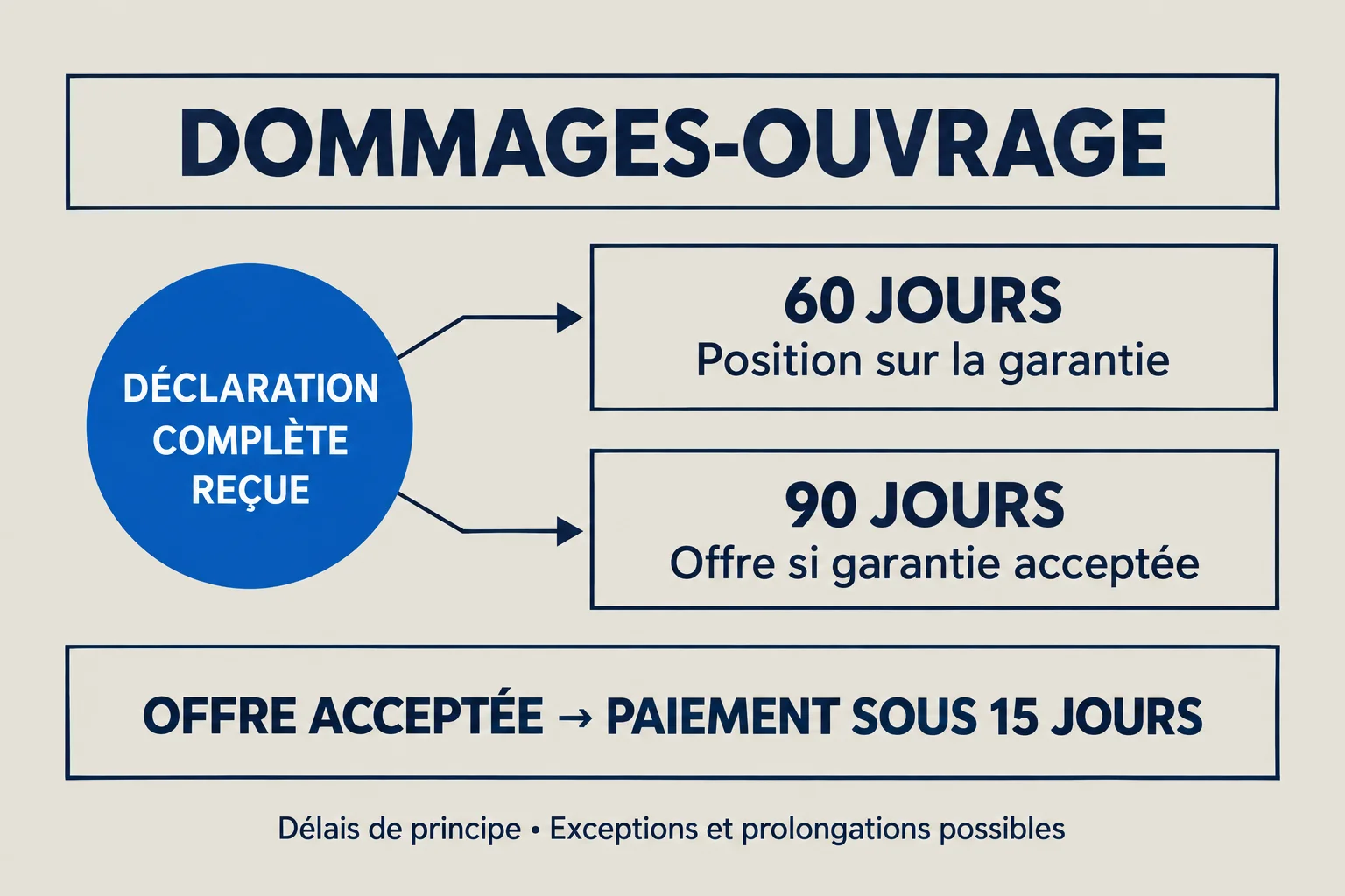 Schéma des délais de principe en dommages-ouvrage : 60 jours pour la position sur la garantie et 90 jours pour l’offre, à partir de la même déclaration complète ; paiement sous 15 jours après acceptation.