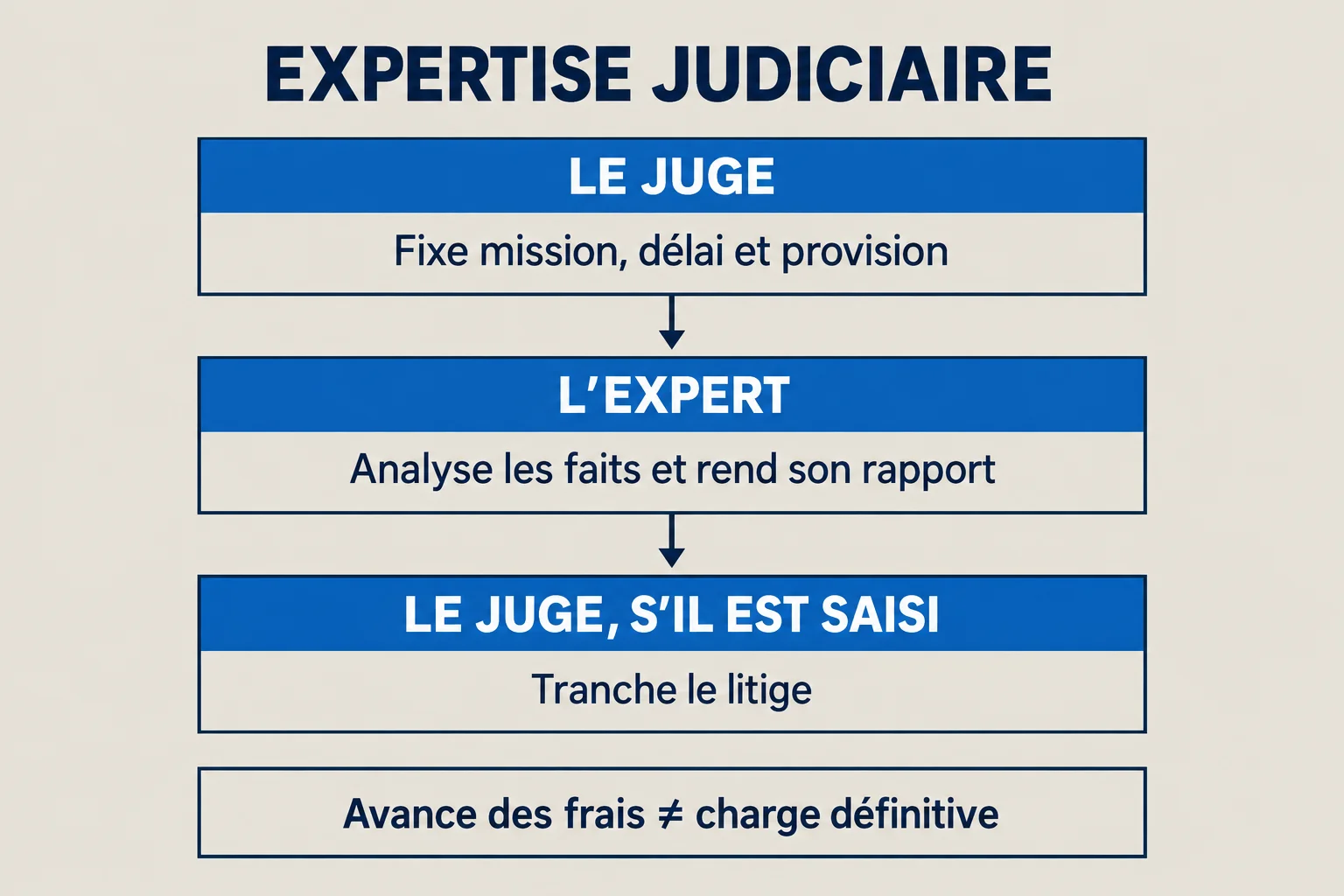 Schéma distinguant le rôle du juge, la mission technique de l’expert et la décision sur le litige ; l’avance des frais ne préjuge pas de leur charge définitive.