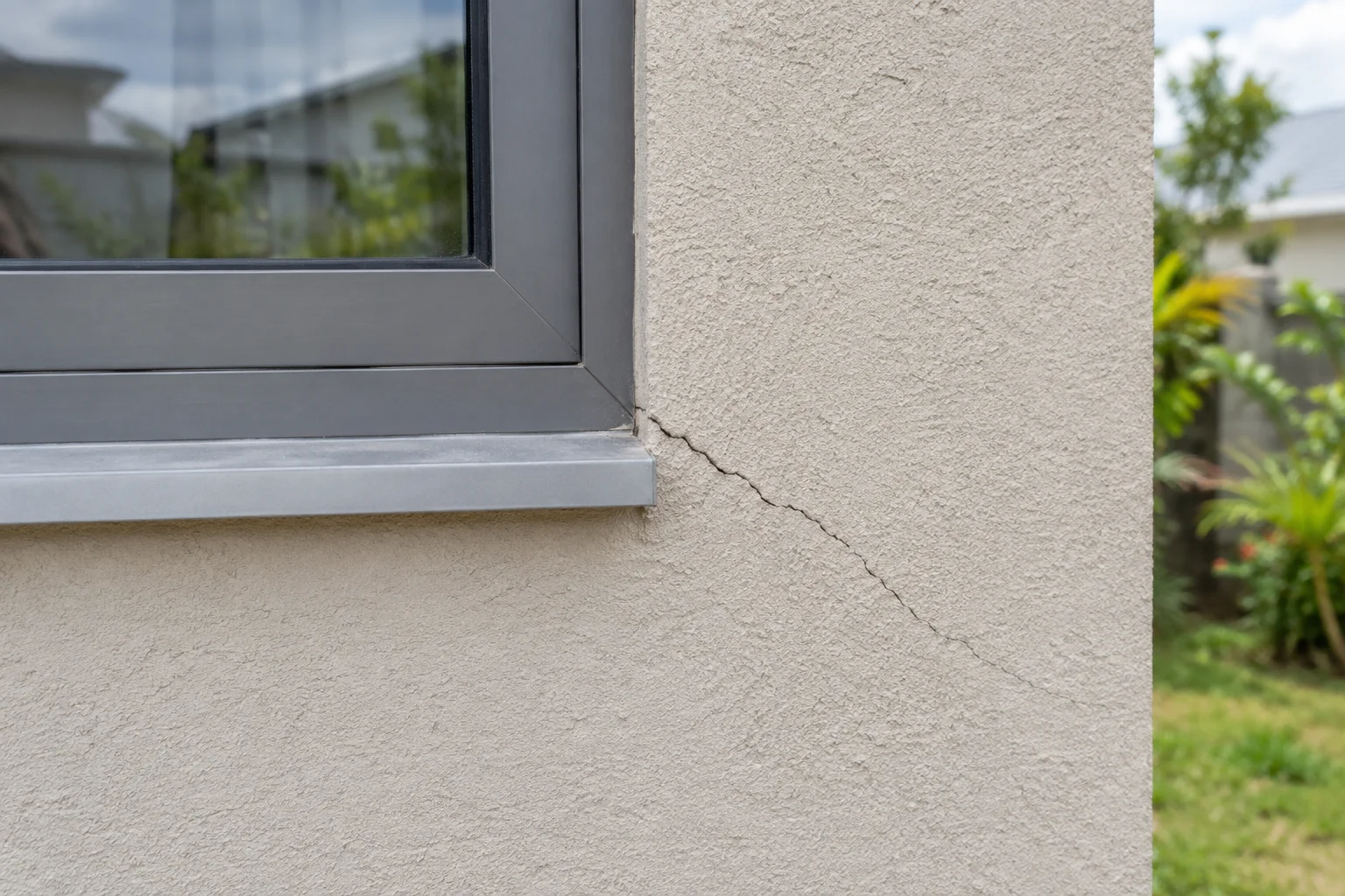 Fissure près d’une fenêtre sur la façade claire d’une maison récente