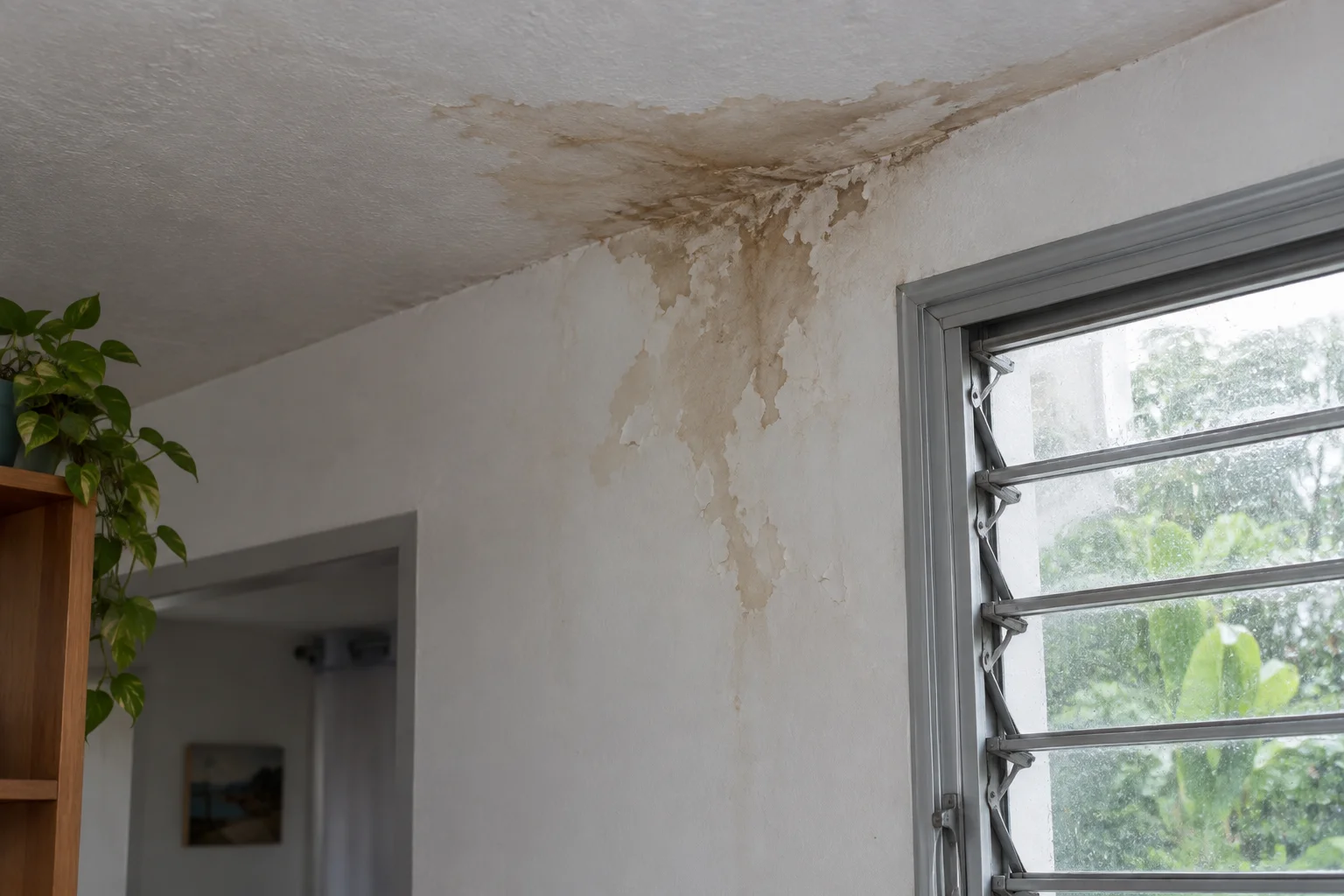 Traces d’infiltration au plafond près d’une fenêtre pendant une journée pluvieuse
