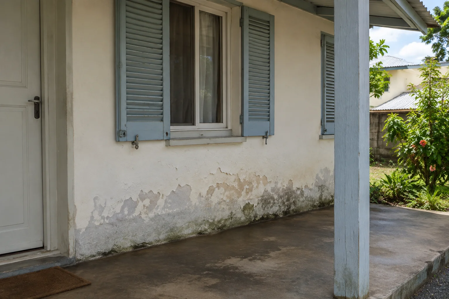 Soubassement humide et enduit dégradé sous les volets d’une maison ancienne