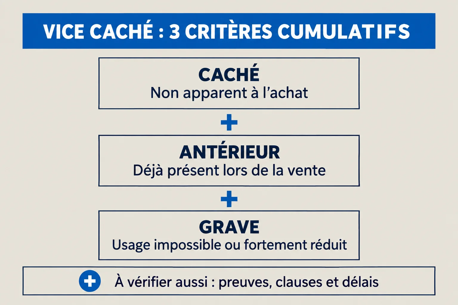 Schéma de trois critères cumulatifs du vice caché : défaut non apparent à l’achat, déjà présent lors de la vente et suffisamment grave pour affecter l’usage du bien.